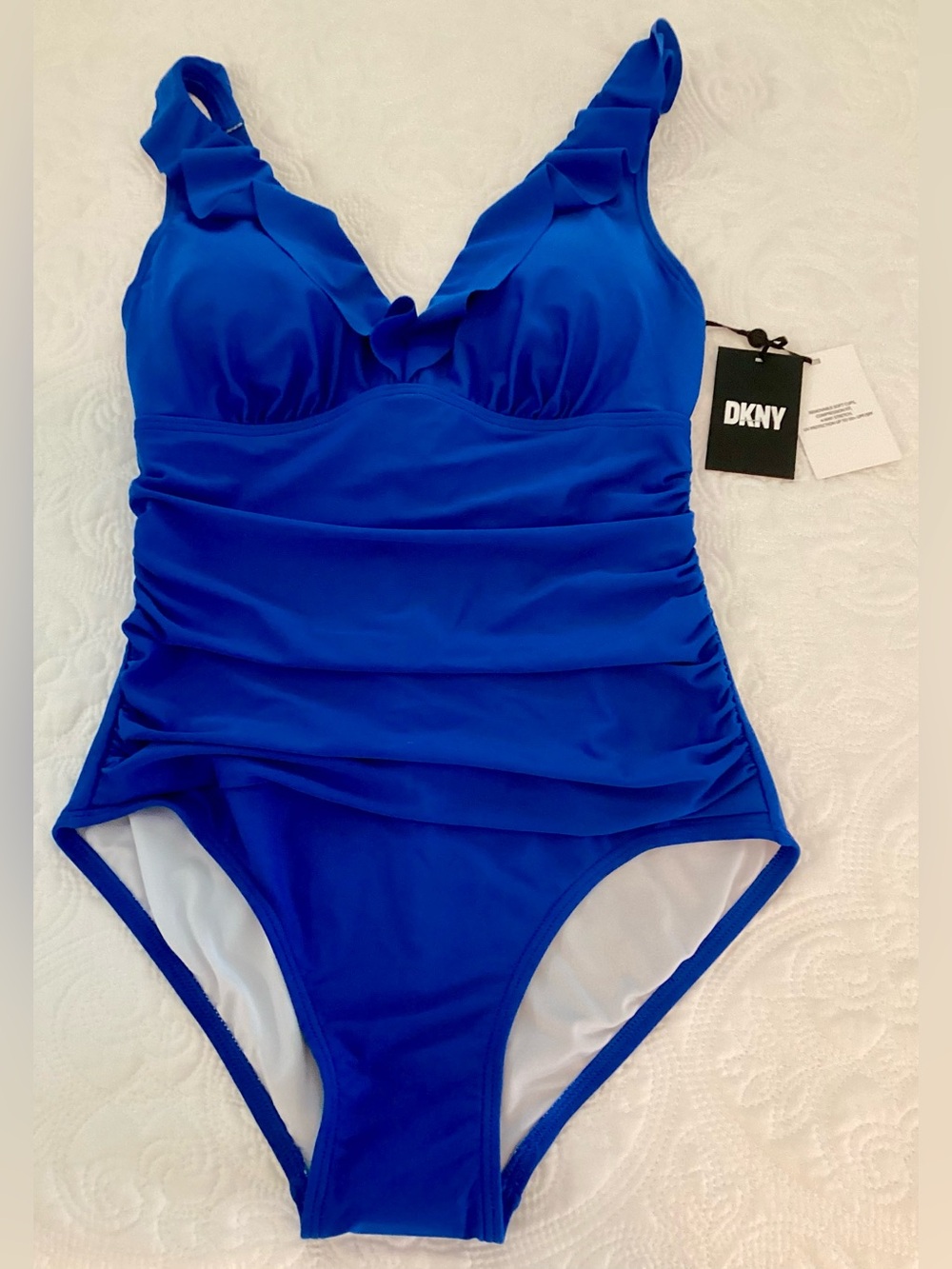 NWT DKNY Size 10 One-Piece Swimsuit Cobalt Blue Ruffle UV Protection UPF 50+